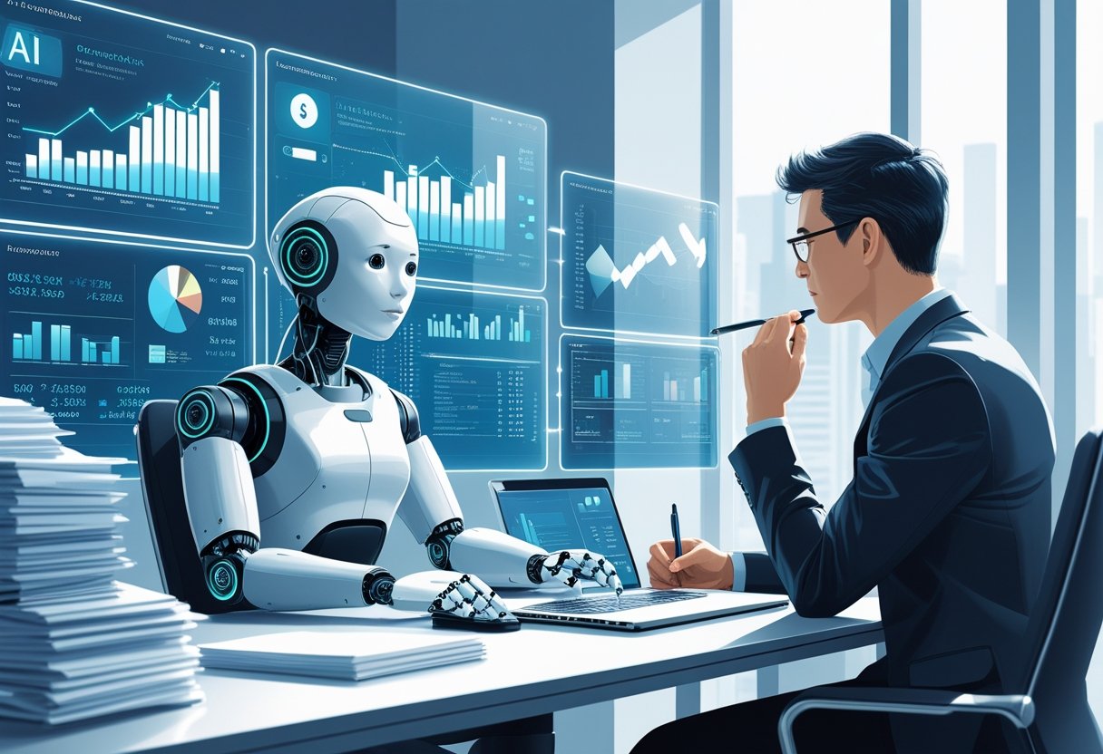 A humanoid robot and a human accountant sit across from each other at a desk with financial data displayed on transparent screens in a modern office.