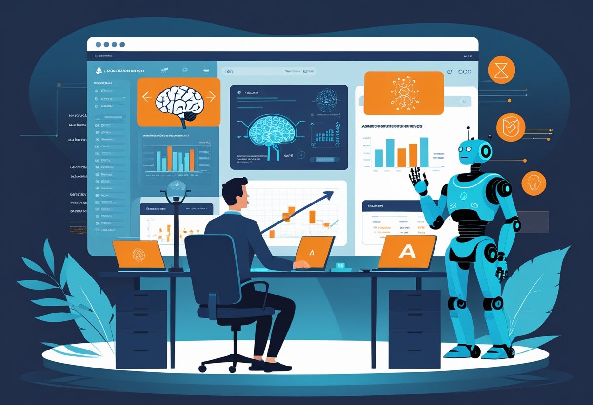 An accountant at a desk looking at a digital interface with data and AI symbols, surrounded by visual elements representing risks and challenges of AI in accountancy.