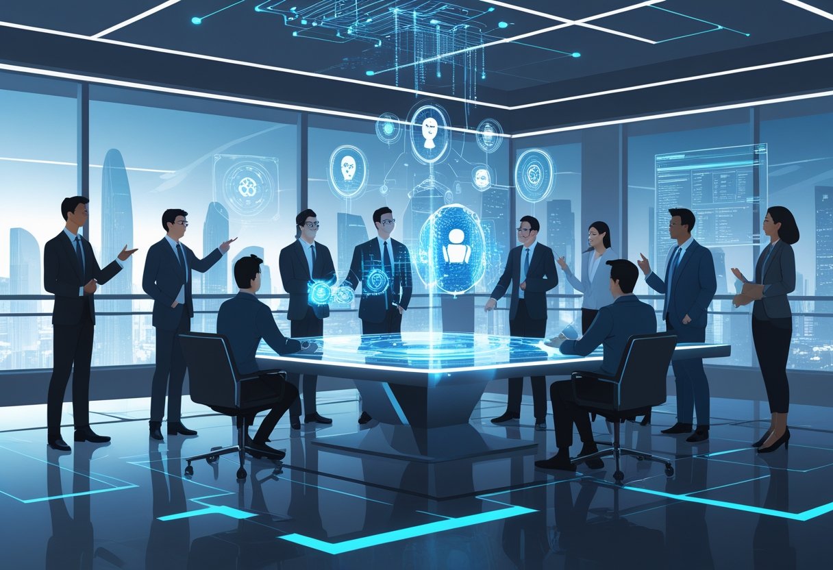 A group of people in a modern conference room discussing holographic AI symbols displayed on a digital table.
