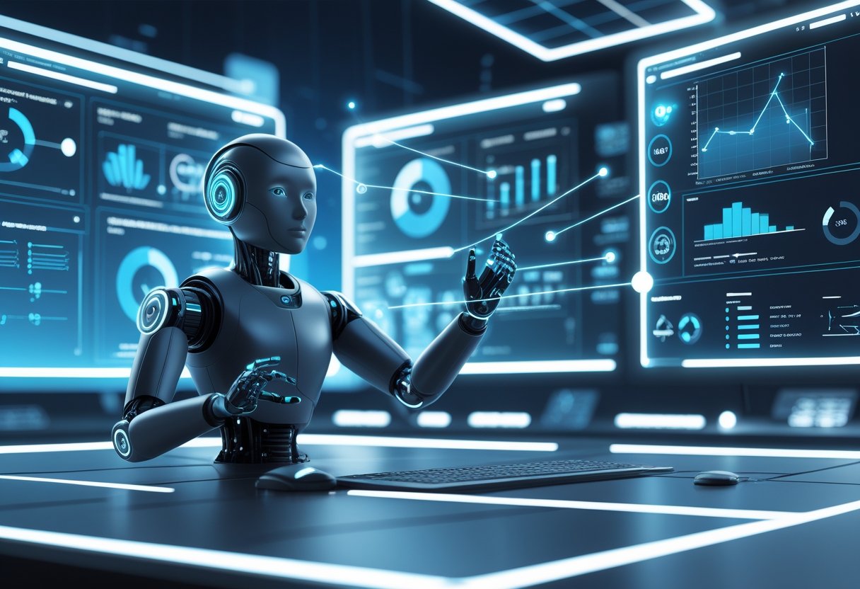 A futuristic scene showing a robot analysing floating holographic charts and graphs in a high-tech digital workspace.