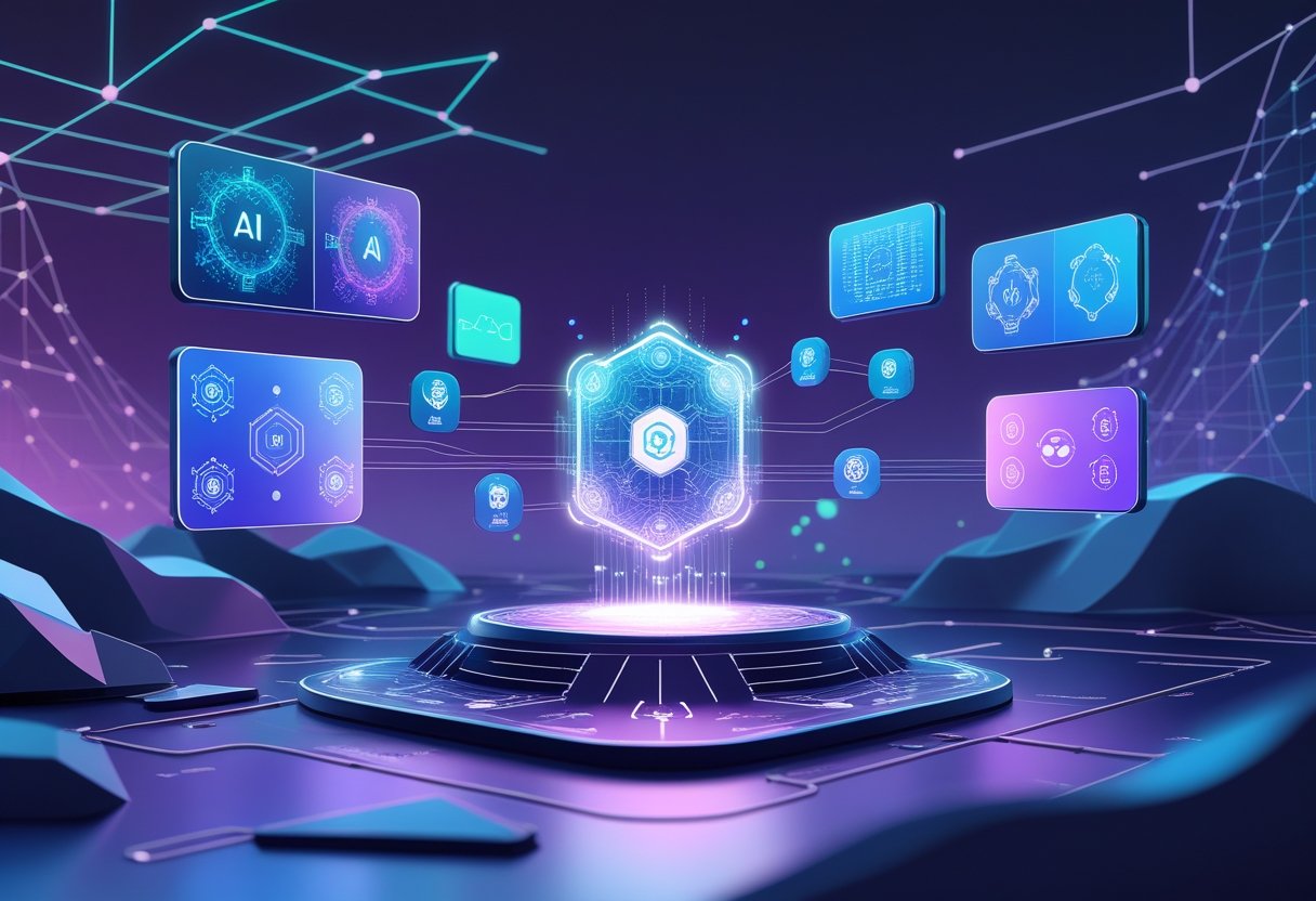 A futuristic digital scene showing interconnected AI models represented by holographic screens and glowing neural network patterns in a modern tech environment.